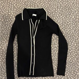 Mango Black button down cotton ribbed Sweater with Cream Trim